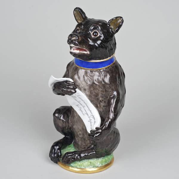 Meissen porcelain Black Bear jug: Meissen porcelain Black Bear jug, 18th/19th c., unglazed base, blue factory mark, inscribed/impressed "1001", 10.5"h x 5.5'w x 5.75"d Provenance: The Virginia Museum of Fine Art