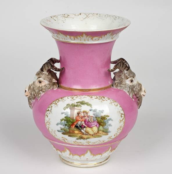 KPM porcelain pink vase with goat mask handles: KPM porcelain pink vase with goat mask handles, 19th c., underglaze blue factory mark, 6.75"h x 5.75"dia. Provenance: The Virginia Museum of Fine Art