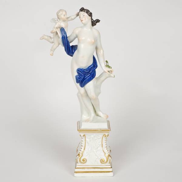 Meissen porcelain figure group of Venus and Cupid: Meissen porcelain figure group of Venus and Cupid, 18th c., after a model by Eberlein, unglazed base, blue factory mark, 11.75"h x 2.75"w Provenance: The Virginia Museum of Fine Art