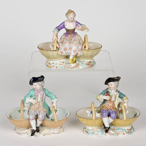 (3) Meissen porcelain Figural Salt Cellars: (3) Meissen porcelain Figural Salt Cellars, 19th/20th c., underglaze blue factory marks, impressed/inscribed "3024 and 3034", 5"h x 5.75"l Provenance: The Virginia Museum of Fine Art