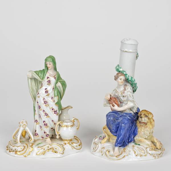 (2) uncommon Meissen porcelain Mythological group: (2) uncommon Meissen porcelain Mythological groups, 19th/20th c., a Vestal Virgin and with female figure and lion seated beside a column, underglaze blue factory mark, impressed and inscribed "1665/13