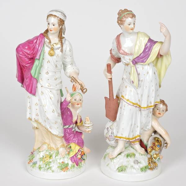 (2) KPM porcelain allegorical figures: (2) KPM porcelain allegorical figures, 19th c., underglaze blue factory marks, 10.5"h x 4"w Provenance: The Virginia Museum of Fine Art
