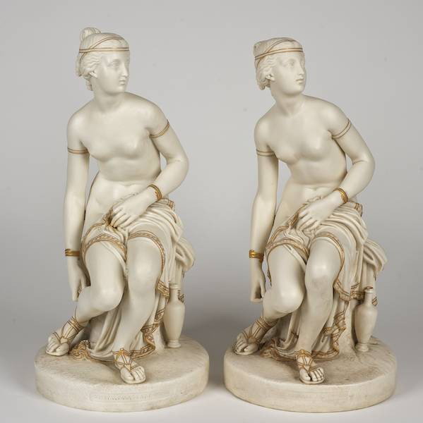 Pair Copeland parian porcelain figures of Venus: Pair Copeland parian porcelain figures of Venus, 19th c., impressed "Crystal Palace Art Union", 17.5"h x 8.75"dia.