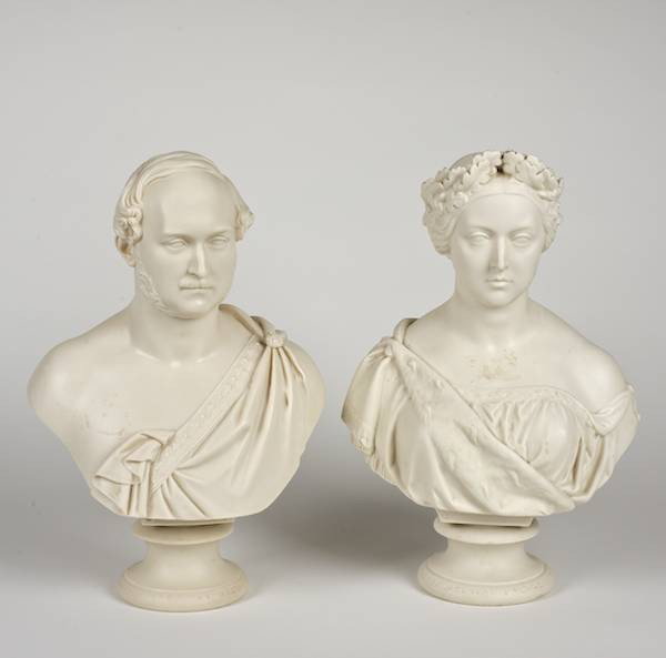 Pair Copeland parian busts of Victoria & Albert: Pair Copeland parian busts of Victoria & Albert, 19th c., impressed "Crystal Palace Art Union", "W. Theed", 13"h x 9.5"w
