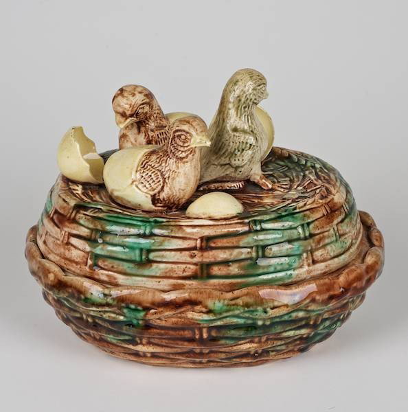 Unusual creamware chicks on basket box: Unusual creamware chicks on basket box, 19th c., unmarked, 6"h x 8.5"l Provenance: The Virginia Museum of Fine Art