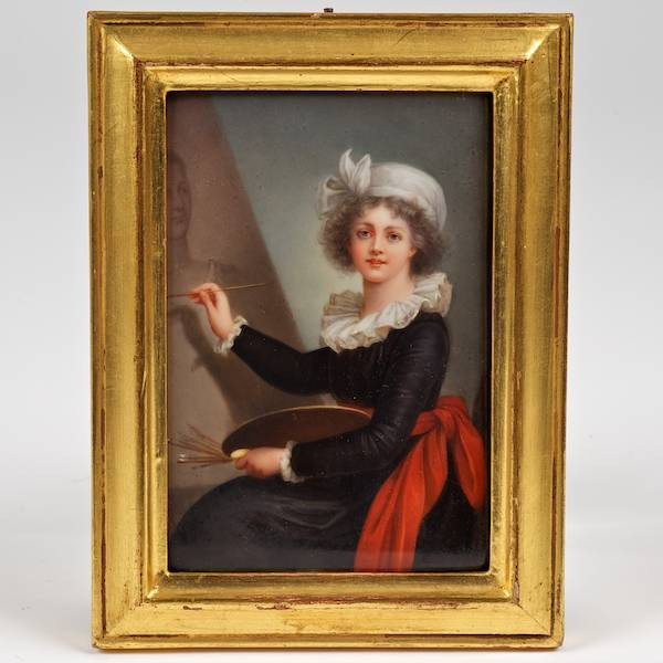 Florentine porcelain portrait plaque after Le Bru: Florentine porcelain portrait plaque after Le Brun, Late 19th c., signed illegibly lower right, titled and factory stamped on verso, 5" x 3.5", gilt frame