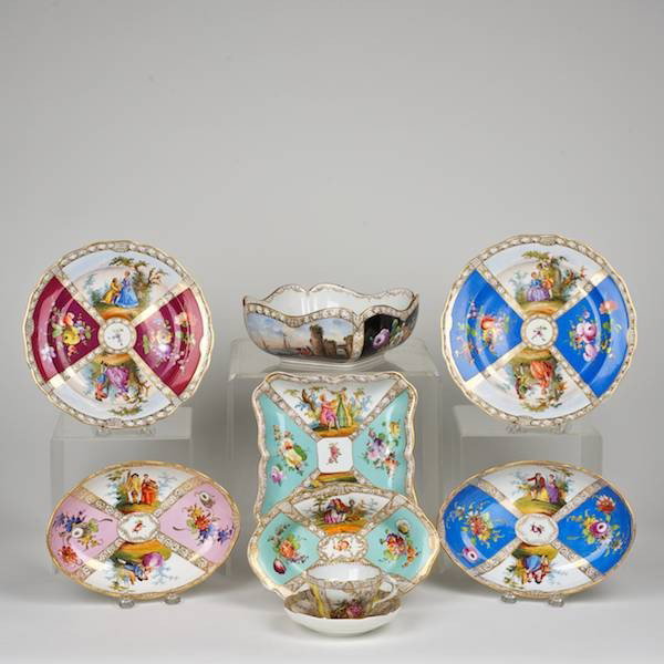 Group Meissen porcelain dinnerware: Group Meissen porcelain dinnerware, 19th/20th c., (8) pieces, Augustus Rex pattern, 10"dia. (largest), 9" x 6" (smallest) Provenance: The Virginia Museum of Fine Art