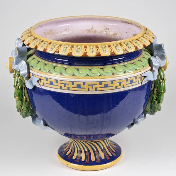 Minton majolica jardiniere with laurel wreath han: Minton majolica jardiniere with laurel wreath handles, Late 19th c., signed, 15.5"h x 17"dia.