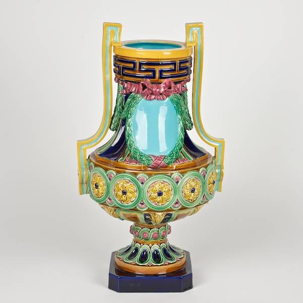 Large majolica urn attributed to Minton: Large majolica urn attributed to Minton, Late 19th c., impressed mark "4 - M", additional marks possibly obscured by felt pad, 20.5"h x 12"w