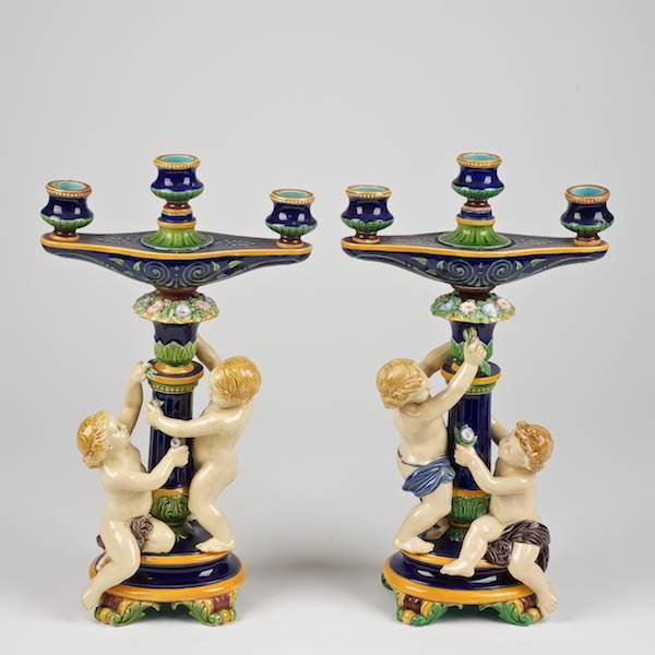 Pair Minton majolica 3-light candelabra: Pair Minton majolica 3-light candelabra, Late 19th c., putto stems, signed and numbered 1452, 16.25"h x 9.5"w