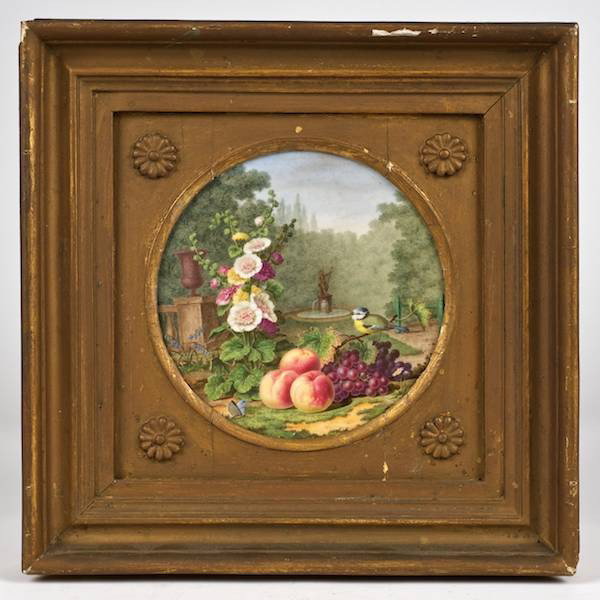 Antique Continental porcelain plaque: Antique Continental porcelain plaque, 19th c., poss. KPM, bird, fruit and flowers, 7"dia. (sight), giltwood frame