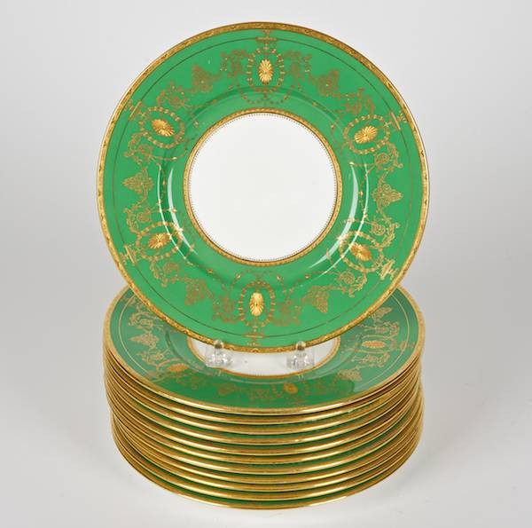 Set (12) Mintons apple green porcelain dessert pl: Set (12) Mintons apple green porcelain dessert plates, 20th c., Adam style gilt decoration, 9"dia.