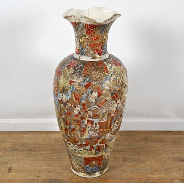 Monumental Satsuma enameled earthenware vase: Monumental Satsuma enameled earthenware vase, 19th c., 37"h x 14.5"dia.