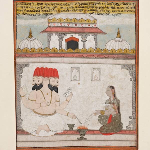 Antique Mughal gouache painting: Antique Mughal gouache painting, Poss. 17th/18th c., Khambavati ragini: Brahma worshipped by maiden, 7.25" x 5.75" (sight), matted and framed Provenance: Doris Wiener Gallery, NY