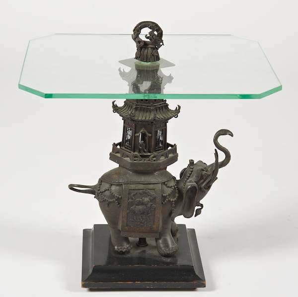 Antique Chinese bronze figure of a caparisoned el: Antique Chinese bronze figure of a caparisoned elephant, Qing Dynasty, mounted as a table, 22"h x 19"w x 15"d