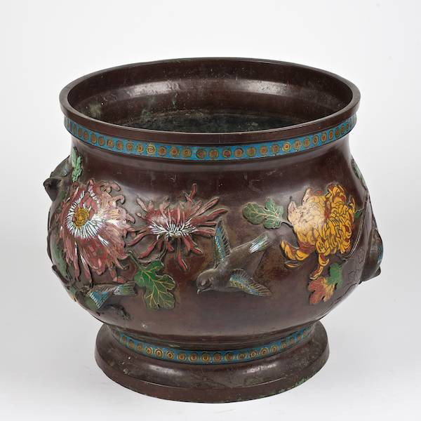 Antique Asian bronze and champleve enamel jardini: Antique Asian bronze and champleve enamel jardiniere, 19th/20th c., prob. Japanese, 13.5"h x 16:"dia.