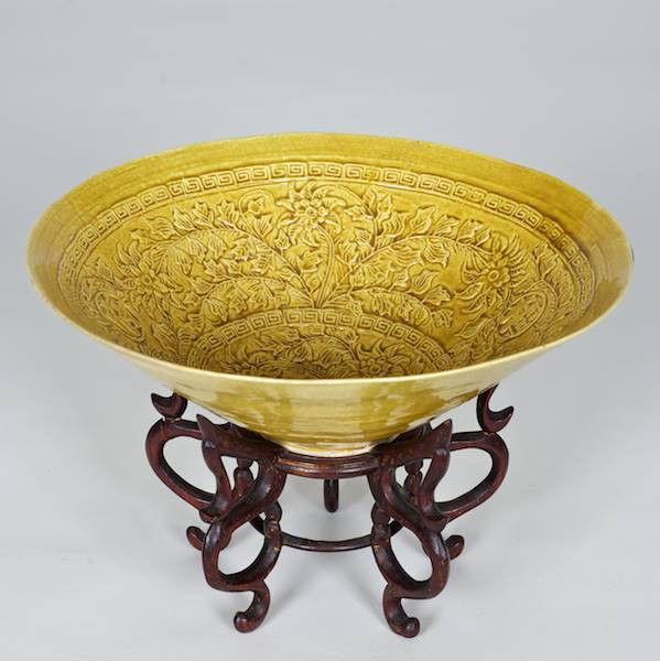 Antique Chinese thinly potted yellow earthenware: Antique Chinese thinly potted yellow earthenware bowl, 19th/20th c., 3.5"h x 9.5"dia. (excl. stand)