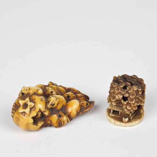 (2) artist-signed Japanese carved ivory netsuke: (2) artist-signed Japanese carved ivory netsuke, 19th c., house under a tree and rats with pomegranate, 2"l (larger), 1"dia. (smaller)