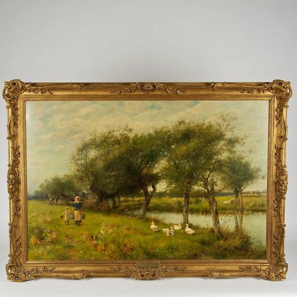 David Bates (1840-1921, British), painting: David Bates (1840-1921, British), painting, Walking by the riverside, oil on canvas, signed and dated "David Bates - 1884", lower right, 31.5" x 47.25" (sight), giltwood frame