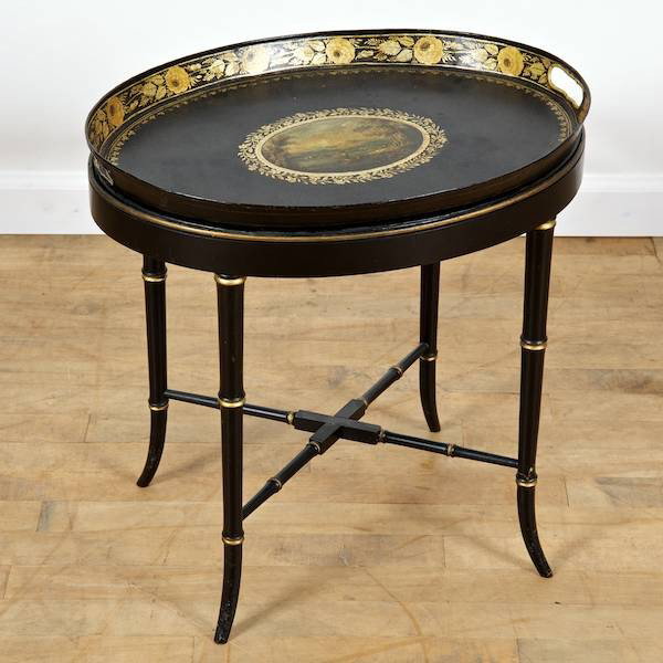 Regency painted tole tray on table stand: Regency painted tole tray on table stand, 19th c. and later, 19.5"h x 19.5"l x 15"d