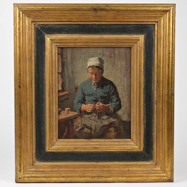 Hugh Newell (1830-1915, Irish/American), painting: Hugh Newell (1830-1915, Irish/American), painting, Woman sewing, oil on canvasboard, unsigned, 9.75" x 7.75" (sight), framed
