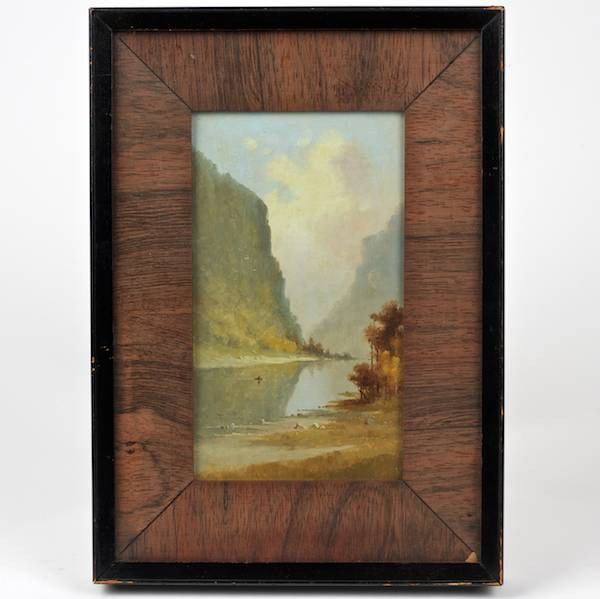 Hudson Valley School (19th/20th c.), painting: Hudson Valley School (19th/20th c.), painting, River landscape with canoe, oil on academy board, unsigned, pencil inscriptions on verso, 9.25" x 5.5" (board), framed