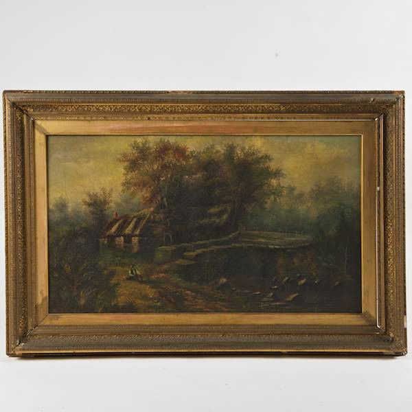 Manner of John Constable (1776-1837, British), pa: Manner of John Constable (1776-1837, British), painting, Landscape with bridge and cottage, oil on canvas, apparently unsigned, 24" x 41.5" (sight), gilt frame