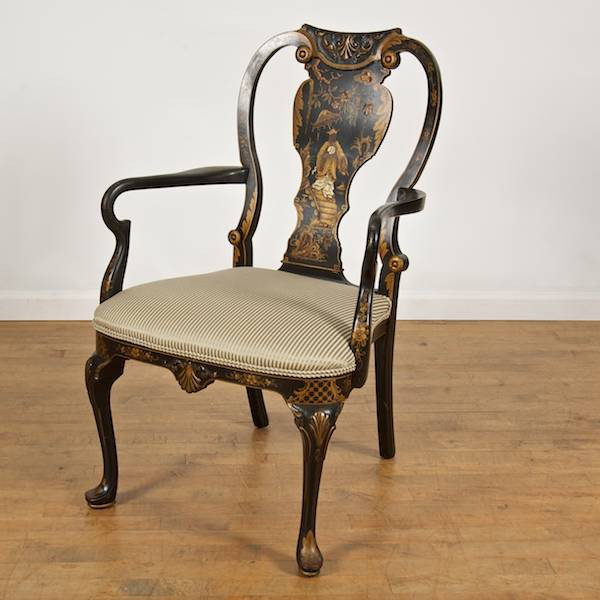 George II style black japanned armchair: George II style black japanned armchair, First half 20th c., 36"h x 23"w x 20"d