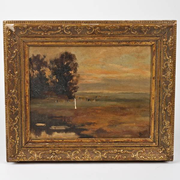 American Impressionist School (19th c.), painting: American Impressionist School (19th c.), painting, Pastoral landscape, oil on canvas, artist monogrammed "JB", lower right, 8.75" x 11.25" (sight), giltwood frame