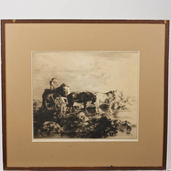 Edmund Blampied (1886-1966, British), etching: Edmund Blampied (1886-1966, British), etching, The Vraic Season, etching and drypoint on paper, signed in pen "E. Blampied", lower center, 12.5" x 14.5" (sight), matted and framed