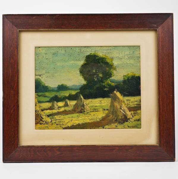 Moore Smith (b. 1890, American), painting: Moore Smith (b. 1890, American), painting, Landscape with haystacks, oil on board, signed "Moore Smith", lower right, 6.75" x 8.75" (sight), matted and framed