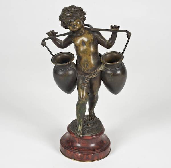 Auguste Moreau (1834-1917, French), bronze: Auguste Moreau (1834-1917, French), bronze, Water carrier, bronze with brown patina, signed "Aug Moreau", on red marble socle, 12"h x 7"w (total)