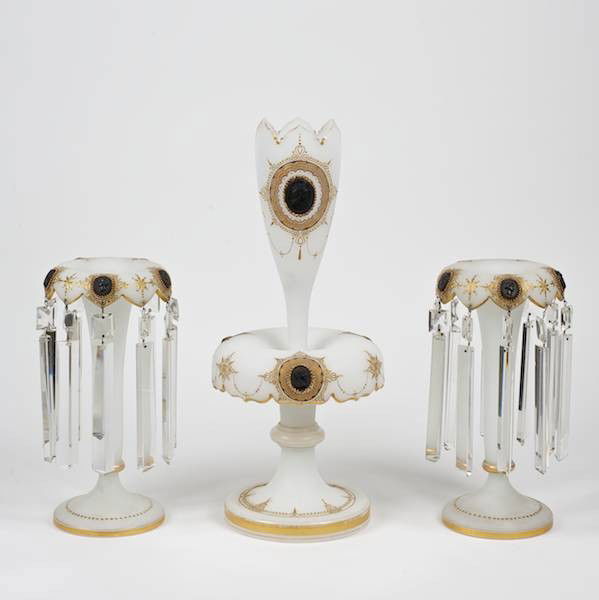 Nice Victorian white opaline glass garniture set: Nice Victorian white opaline glass garniture set, 19th c., prob. French, incl. (2) lusters and (1) centerpiece, set with black cameos, 12"h x 5.5"dia. (lusters), 18.5"h x 8"dia. (centerpiece)
