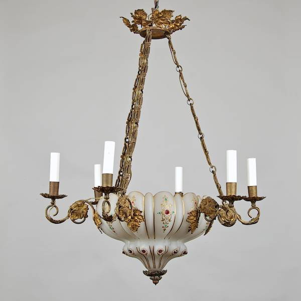Bohemian jeweled white opaline class chandelier: Bohemian jeweled white opaline class chandelier, 19th c., 8-arms with gilt metal mounts, 24"h x 22"dia.