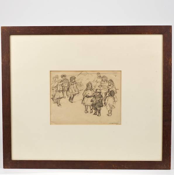Jerome Myers (1867-1940, American), drawing: Jerome Myers (1867-1940, American), drawing, Children on the playground, pencil on paper, signed and dated 1903, 6.25" x 8.5" (sight), matted and framed Provenance: Property from a prominent Sands Poi