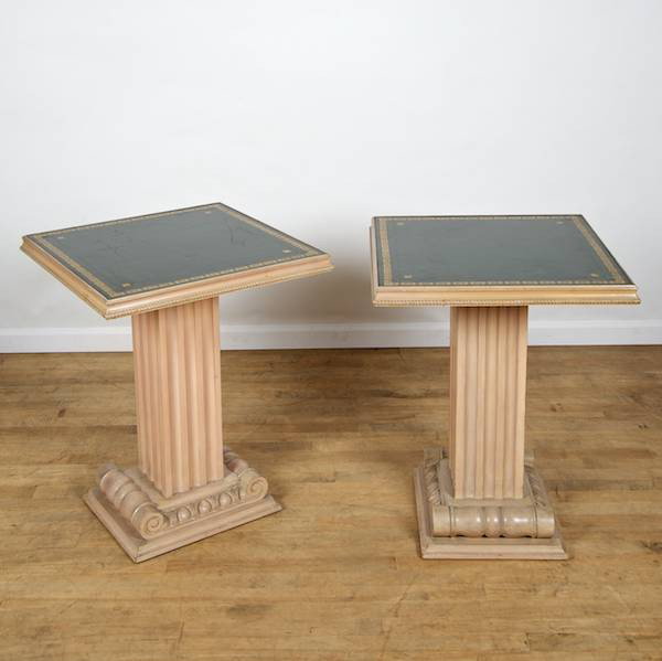 Pair Neo-Classical limed wood side tables by Gros: Pair Neo-Classical limed wood side tables by Grosfeld House, Mid 20th c., 28.5"h x 23"squ.