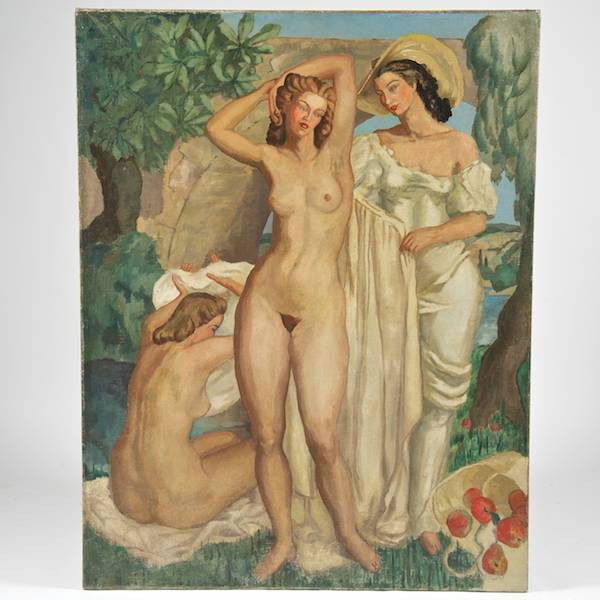 Attrib. to Jean Dupas (1882-1964, French), painti: Attrib. to Jean Dupas (1882-1964, French), painting, Nudes bathing, oil on canvas, bears signature "Dupas", lower right, 57.5" x 45" (stretcher), unframed