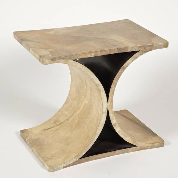 Karl Springer lacquered goatskin J.M.F. side tabl: Karl Springer lacquered goatskin J.M.F. side table, Circa 1970s, with original embossed leather tag, 21.5"h x 24"l x 16"d