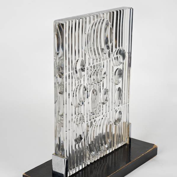 Victor Vasarely (1908-1997, French), sculpture: Victor Vasarely (1908-1997, French), sculpture, "Erebus", 1982, glass sculpture for Rosenthal Studio Line, etched signature, on laminate base, 13"h x 9.5"w (excl. base), 14"h (total)