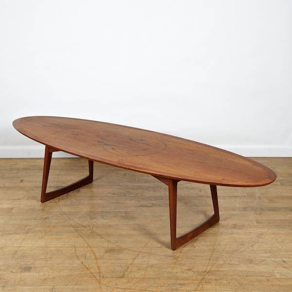 Danish Modern Teak Surfboard Coffee Table By More 2343: Danish Modern teak surfboard coffee table by More - Danish Modern Teak Surfboard Coffee Table By More