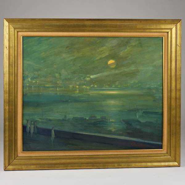 Arnold Hoffmann (1886-1966, American), painting: Arnold Hoffmann (1886-1966, American), painting, Moonlit harbor scene, watercolor and gouache on paper, signed "Arnold Hoffmann", lower right, 20.75" x 25.75" (sight), framed under glass