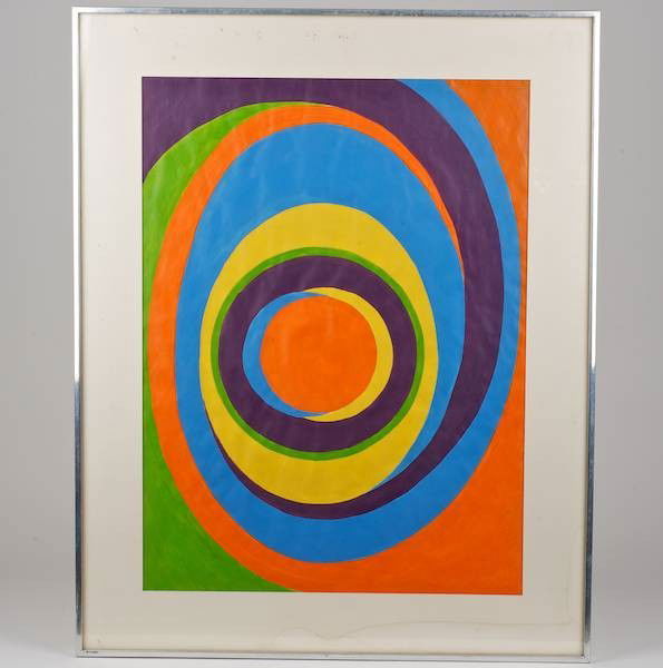 Theodore Hios (1910-1998, American), painting: Theodore Hios (1910-1998, American), painting, "Untitled (Apollo Series)", acrylic on paper, no signature visible (poss. obscured by mat), 23.75" x 17.5" (sight), matted and framed