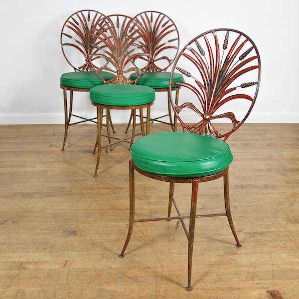 Set (4) Italian gilt metal wheat back chairs: Set (4) Italian gilt metal wheat back chairs, Mid 20th c., tagged S. Salvadori, Firenze, 35"h x 15"dia.