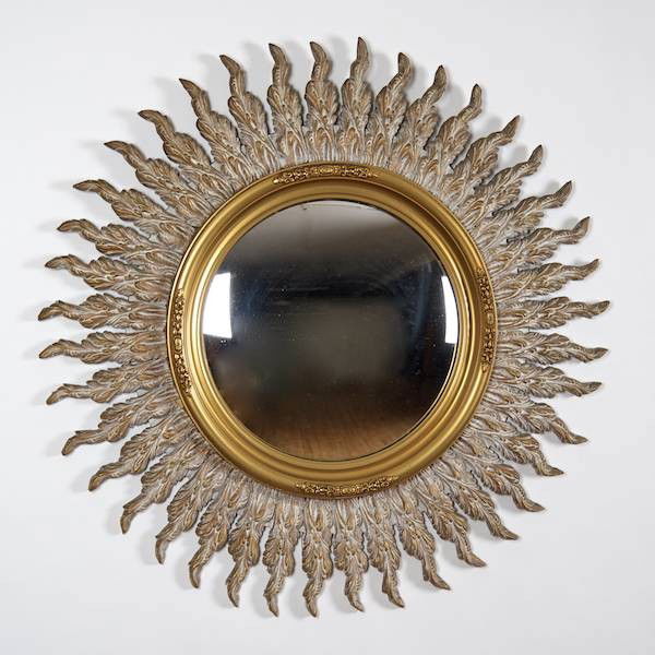 Decorator gilt composition convex sunburst mirror: Decorator gilt composition convex sunburst mirror, Mid 20th c., 34"dia.