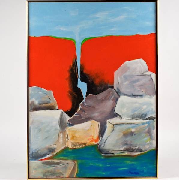 David Hare (1917-1992, American), painting: David Hare (1917-1992, American), painting, "Red Cliff", 1989, oil on canvas, strip frame, 52" x 38" Provenance: The Ciba Geigy Collection; Staempfli Gallery, NY