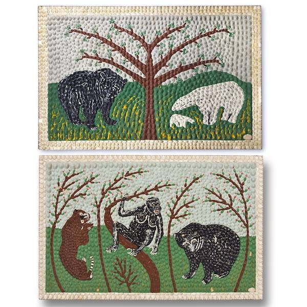 Guido Manerba (20th c., Italian), pair shell pain: Guido Manerba (20th c., Italian), pair shell paintings, Bears and Monkeys with Panthers, (2) paintings, colors on seashell mounted panel, both signed, 31.75" x 49.25" (panel), unframed Provenance: The