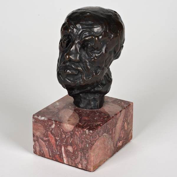 Attr. to Auguste Rodin (1840-1917, French), bronz: Attr. to Auguste Rodin (1840-1917, French), bronze, Tete, bronze with brown patina, signed "A. Rodin" and stamped "A. Rudier Fondeur Paris", on marble base, 4.75"h x 3"w (excl. base), 6.75"h (total)