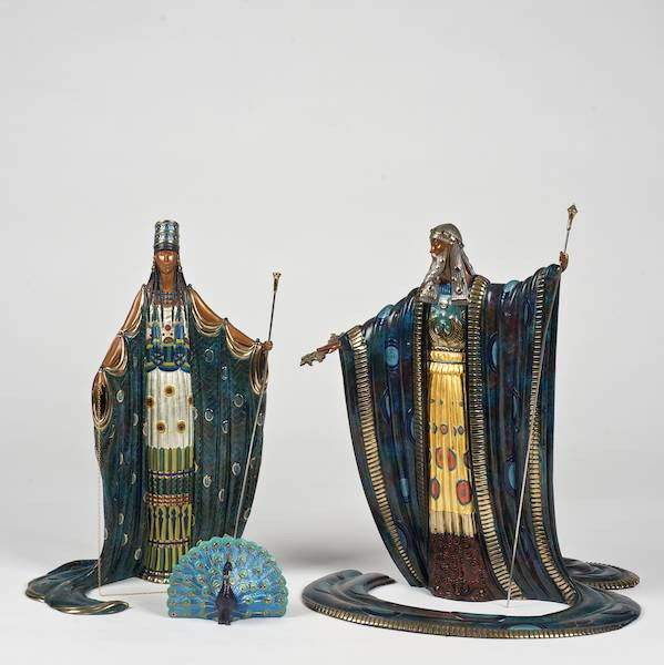 Erte (1892-1990, Russian/French), (3) bronzes: Erte (1892-1990, Russian/French), (3) bronzes, "Zeus and Hera Suite", (3) pieces, 1989, no. 94/500, Seven Arts Edition, 17"h x 15"w (Zeus), 16.25"h x 9.5"w (Hera), 3.5"h (peacock)