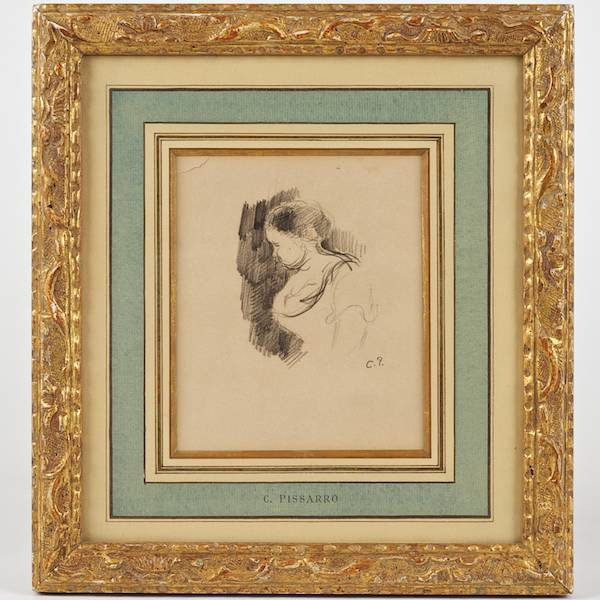 Attr. to Camille Pissarro (1830-1903, French), dr: Attr. to Camille Pissarro (1830-1903, French), drawing, "Jeune Fille", graphite on paper, signed "C.P.", lower right, 6.25" x 5.5" (sight), matted and framed Provenance: Gallery Reese Palley, NJ