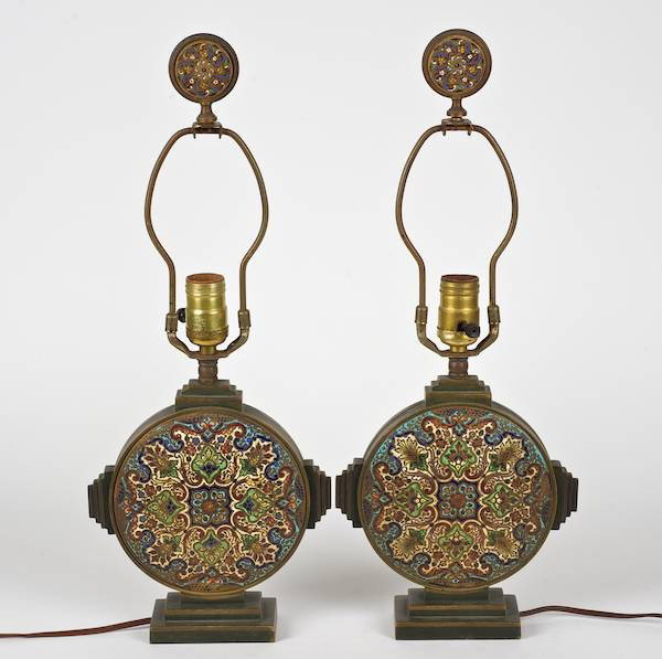 Pair French champleve enameled bronze table lamps: Pair French champleve enameled bronze table lamps, First half 20th c., with matching finials, 19.75"h x 8"w (total)